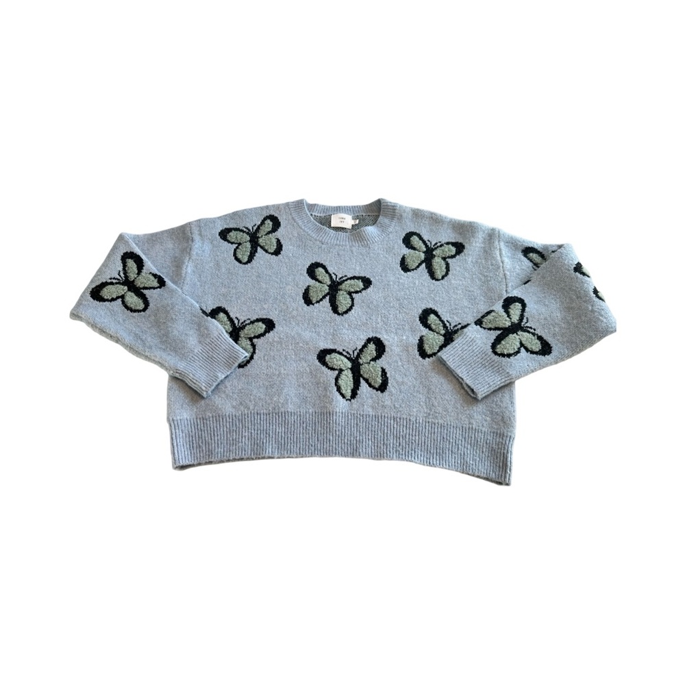 Luna Ivy Butterfly Intarsia Knit Sweater Blue Sage Green Crew Neck Relaxed M